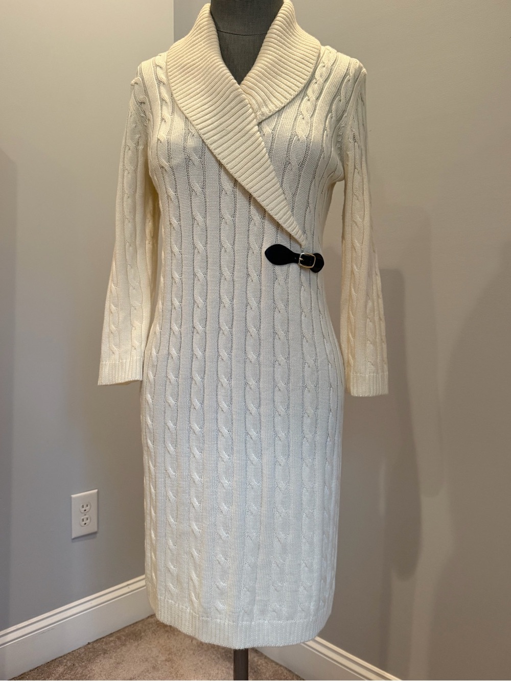 Calvin Klein Cream Cable-Knit Shawl-Collar Sweater Dress with Buckle
